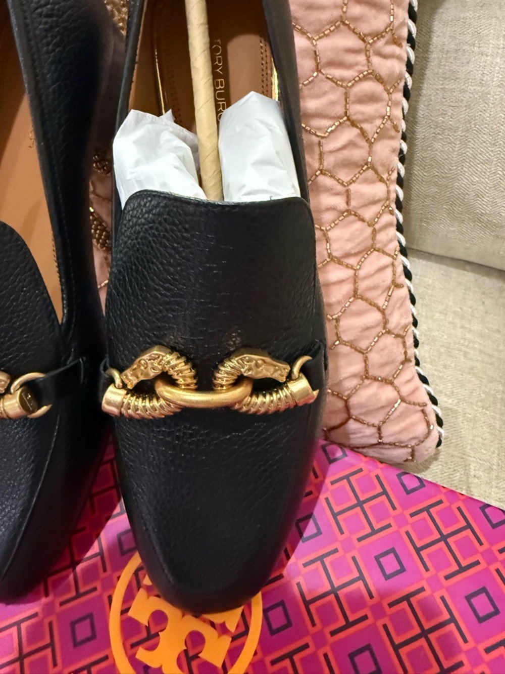 Tory Burch Black Leather Loafers with Gold Chain Accent - Picture 2 of 3